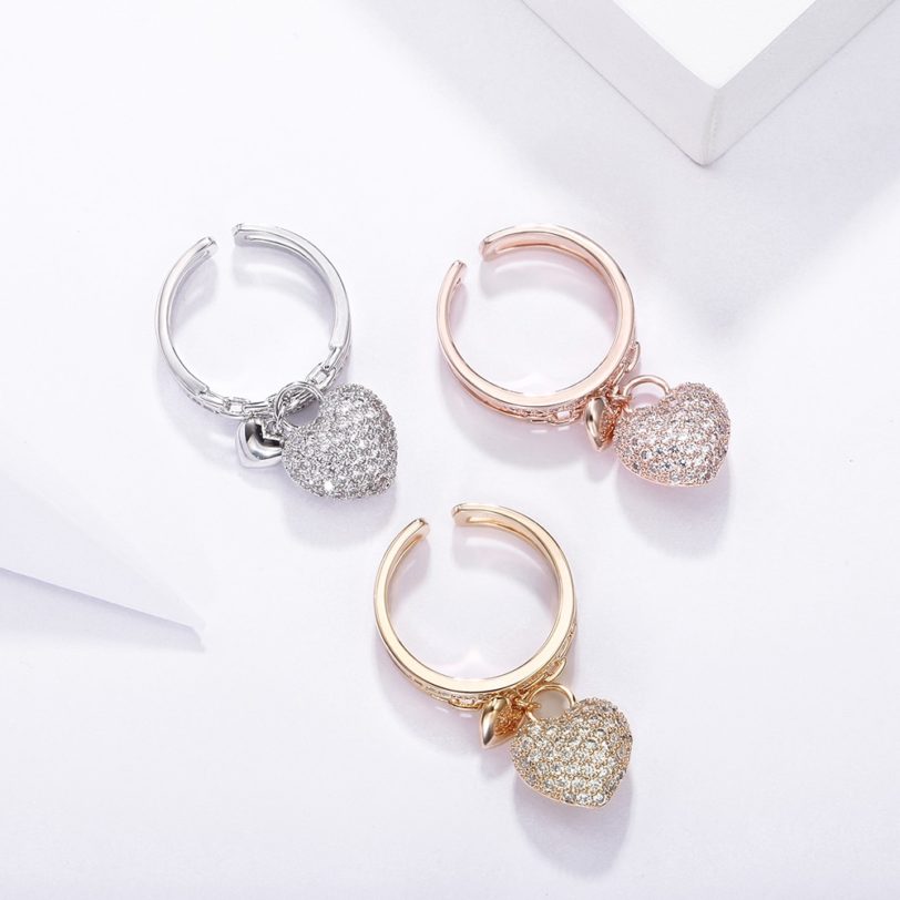 Rose Gold Silvery Heart Pendant Zircon Rings For Women Adjustable Engagement Promise Finger Ring Female Wedding 1