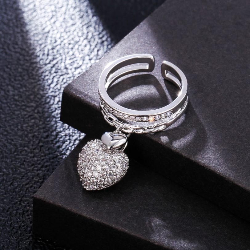 Rose Gold Silvery Heart Pendant Zircon Rings For Women Adjustable Engagement Promise Finger Ring Female Wedding