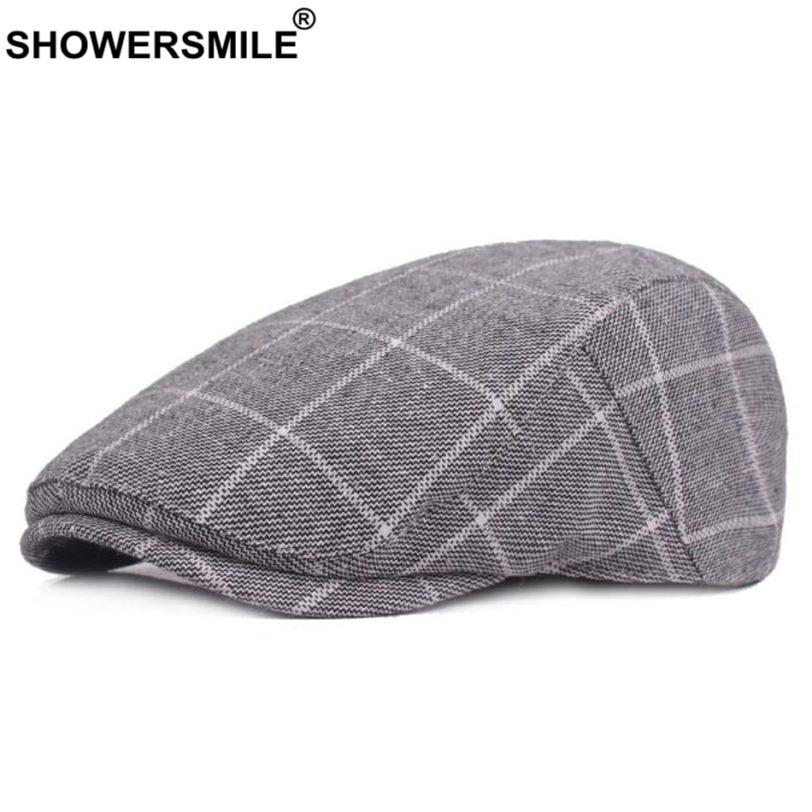 SHOWERSMILE Men's Blue Berets Plaid Adjustable Cotton Flat Cap Male Summer Autumn Classic England Breathable Duckbill Hat New - Image 2