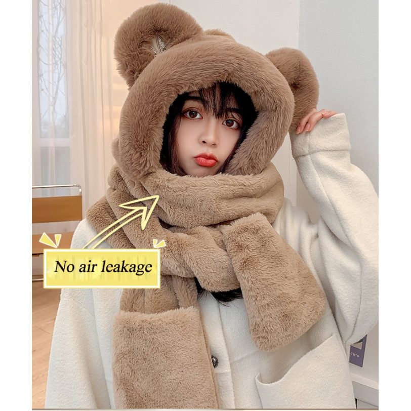 Scarf Set Women Winter Caps Warm Cute Bear Ear Hat Casual Flannel Hat Scarf Gloves Set Fleece Caps Essential for cycling 2021 - Image 6