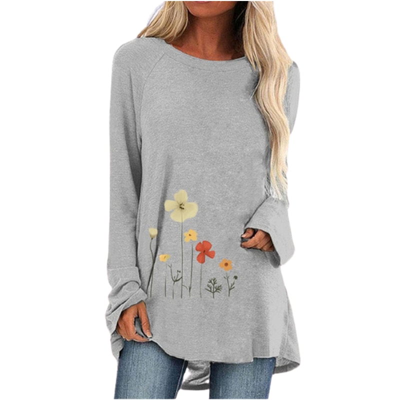 Spring And Autumn Shirt Large Size O Neck Fashion T Shirt 2021 Floral Print Long Sleeve 1