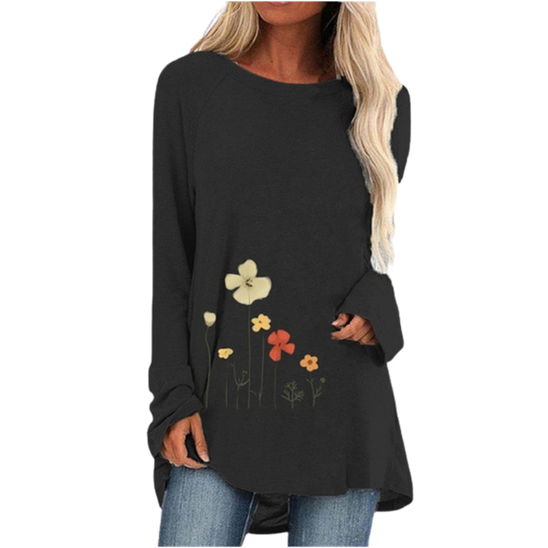 Spring And Autumn Shirt Large Size O Neck Fashion T Shirt 2021 Floral Print Long Sleeve