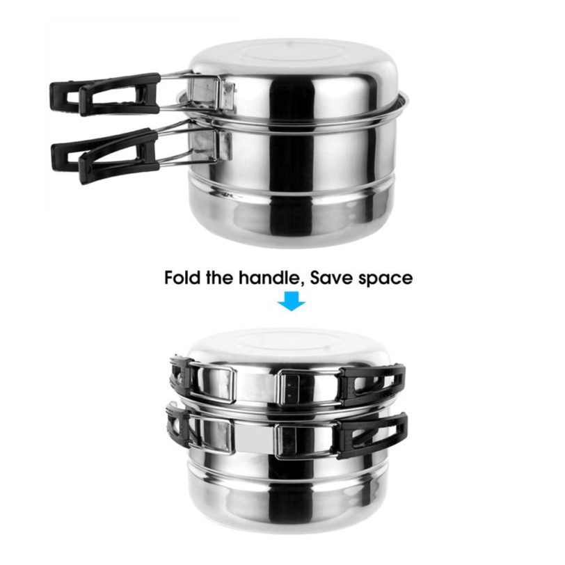 Stainless Steel Outdoor Picnic Pot Pan Kit Camping Hiking Cookware Cover Cooking Set