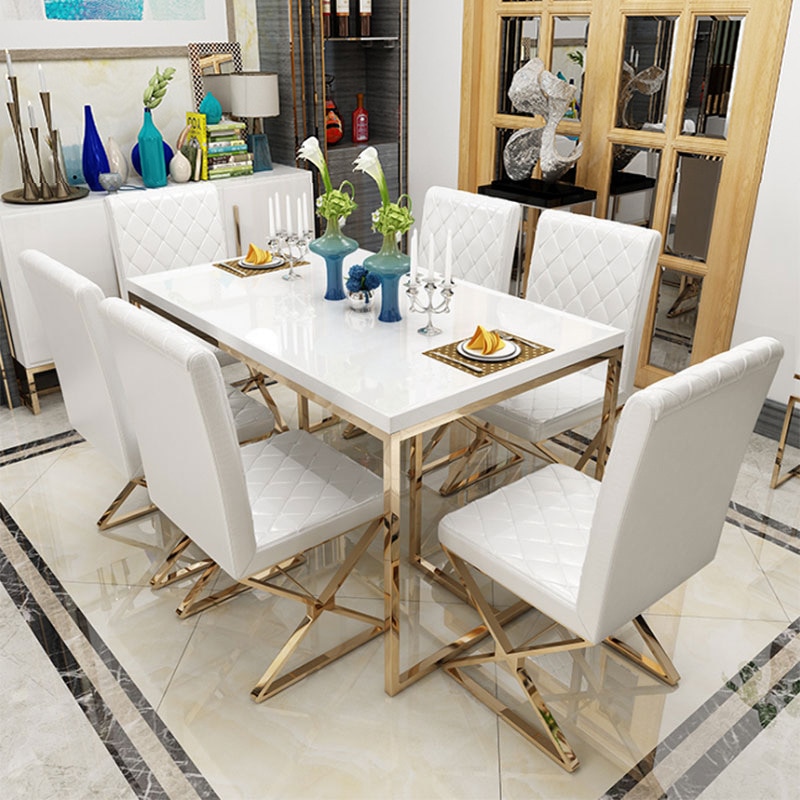 Stainless steel dining table and chair set Nordic piano glass model room dining table furniture
