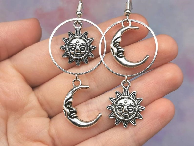 Sun And Moon Dangly Earrings Witchy Dangle Earrings Silver colour Mismatched Earrings Celestial Jewellery 1