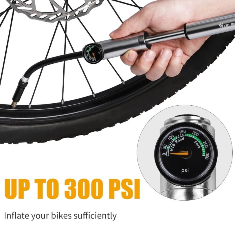 WEST BIKING Cycling Bike Air Pump 300 PSI High Pressure Aluminum Alloy Tyre Tire Inflator Bicycle Pump With Gauge Bike Pumps - Image 2