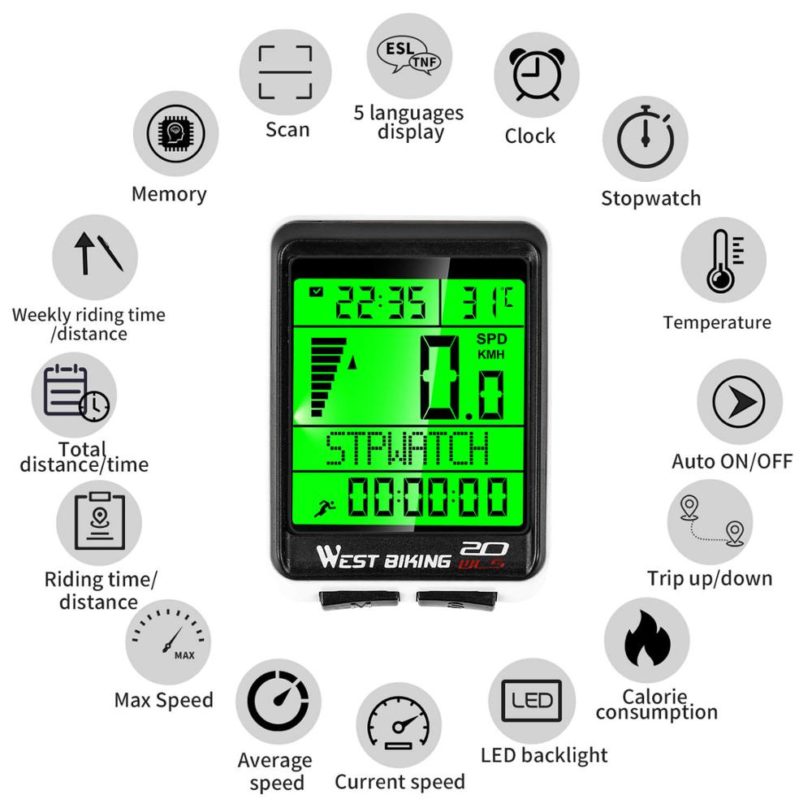 WEST BIKING LED Waterproof Bicycle Computer Wireless 5 Language Cycling Bike Odometer Stopwatch Speedometer 2.1in Bike Computer - Image 3