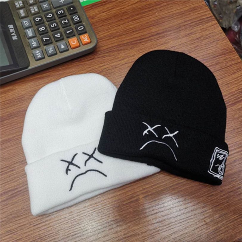 Wholesale Autumn Winter Warm Beanie Hats Crying Face Embroidery Lil Peep beanie Caps Men women Sad boy face knitted hats Hip hop - Image 2