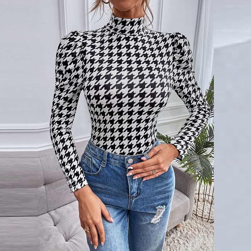 Women Vintage Houndstooth Printing O Neck Blouses 2022 Spring Long Sleeve Ladies Slim Pullover Tops Casual