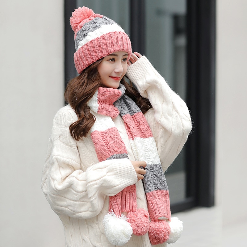 Women s Winter Hat Cycling Ear Protection Cute Woolen Hat Scarf Gloves Set Warm Korean Casual