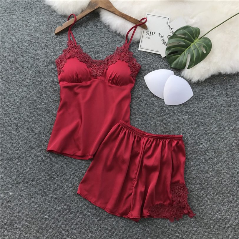 Womens Sexy Satin Sling Sleepwear Lingerie Lace Nightdress Underwear Set Home Clothes Nightwear Solid Color Dressing 1