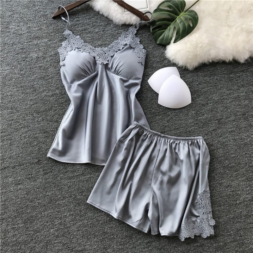Womens Sexy Satin Sling Sleepwear Lingerie Lace Nightdress Underwear Set Home Clothes Nightwear Solid Color Dressing 2