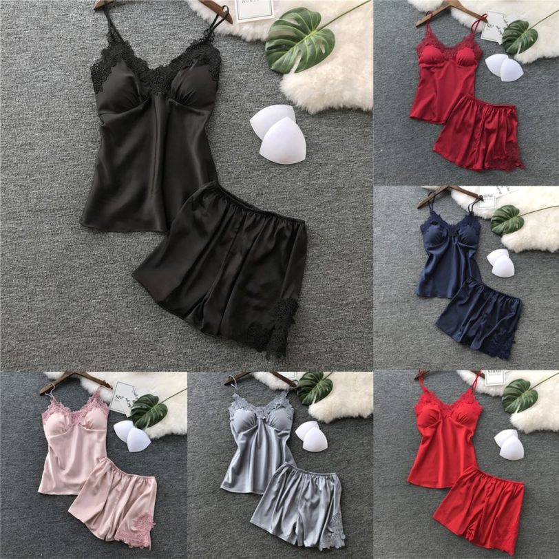 Womens Sexy Satin Sling Sleepwear Lingerie Lace Nightdress Underwear Set Home Clothes Nightwear Solid Color Dressing
