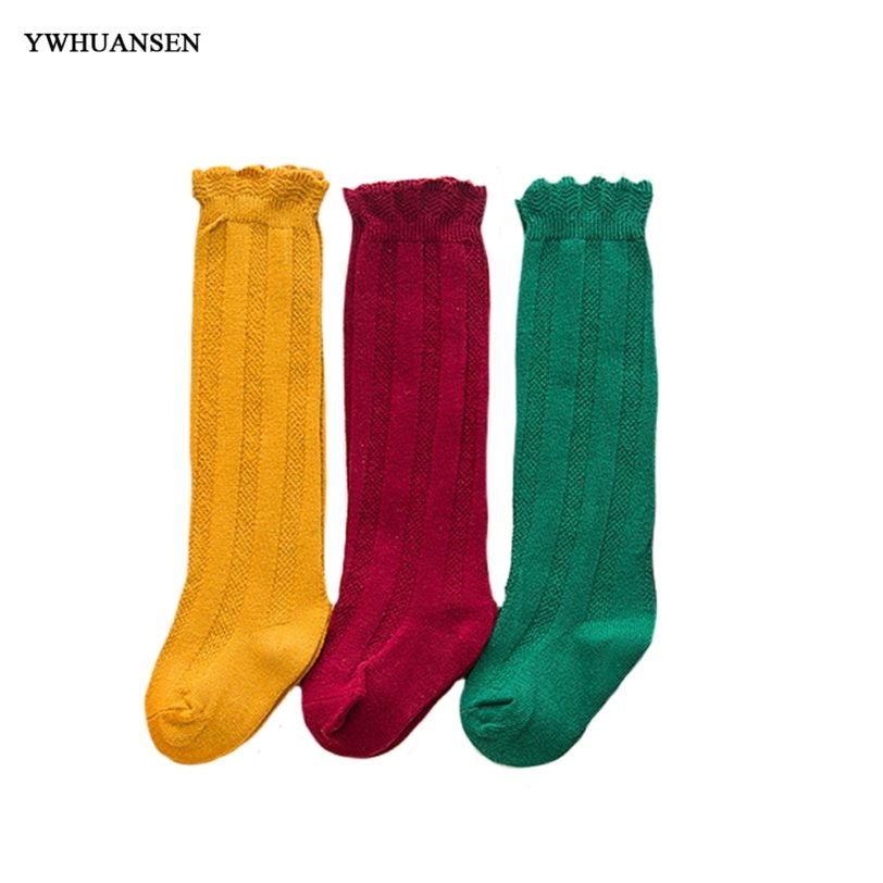 YWHUANSEN 1 Pair Spring Autumn Winter Cotton Lace Double Needle Children Breathable Socks Solid Baby Girls Knee Socks School - Image 5