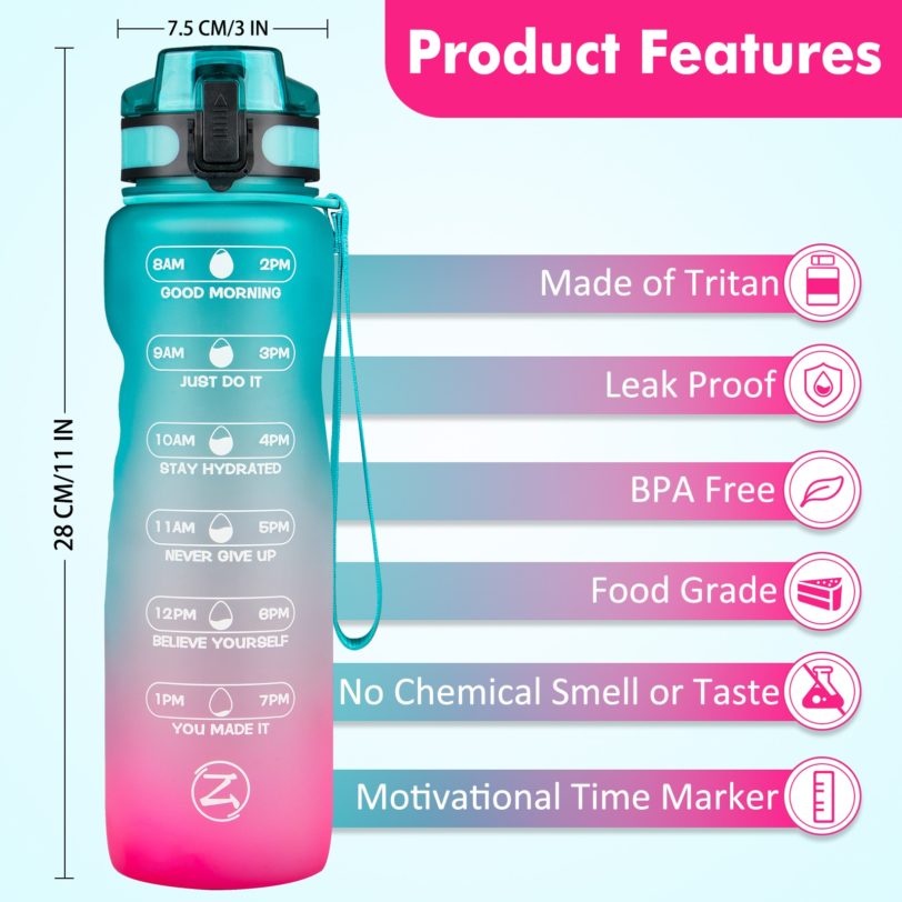 ZOMAKE 32oz Motivational Water Bottle with Time Marker,Leakproof Sports Water Bottle BPA Free,Fruit Water Bottle Sports 1 Liter - Image 2