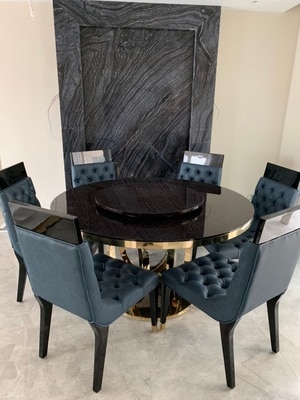 designer unique new stainless steel golden dining room set with marble table and 6 leather chairs 1