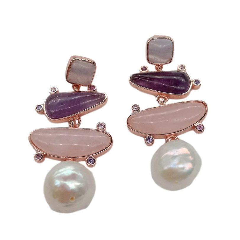 natural White Edison Pearl Blue chalcedony Amethyst Rose quartz geometric rose gold color plated Stud Earrings - Image 2