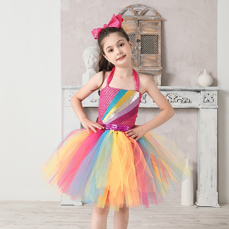 Jojo Siwa Tutu Dress with Hair Bow Rainbow Sparkly Glitter Fancy Dress for Baby Girls Birthday Party Pageant Princess Costume (9)