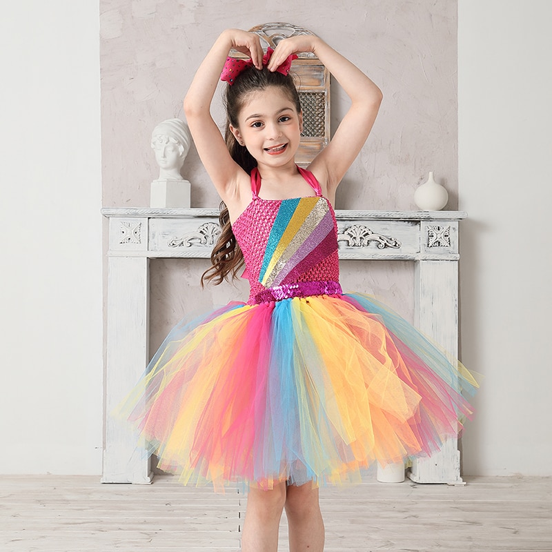 Jojo Siwa Tutu Dress with Hair Bow Rainbow Sparkly Glitter Fancy Dress for Baby Girls Birthday Party Pageant Princess Costume (5)