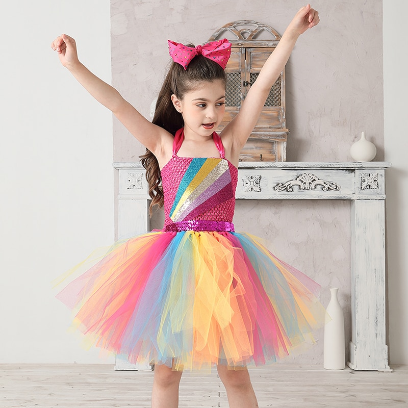 Jojo Siwa Tutu Dress with Hair Bow Rainbow Sparkly Glitter Fancy Dress for Baby Girls Birthday Party Pageant Princess Costume (3)