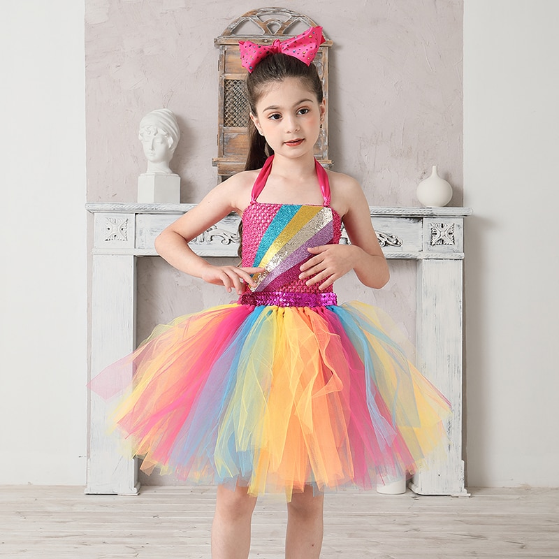 Jojo Siwa Tutu Dress with Hair Bow Rainbow Sparkly Glitter Fancy Dress for Baby Girls Birthday Party Pageant Princess Costume (1)